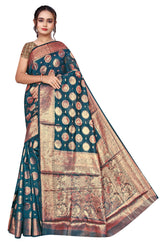 Opulent Organza Silk Saree in Teal with Gold Zari Work