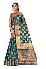 Opulent Organza Silk Saree in Teal with Gold Zari Work