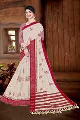 Elegant Cotton Saree with Floral Embroidery and Border Detail