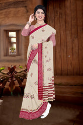 Elegant Cotton Saree with Floral Embroidery and Border Detail