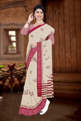 Elegant Cotton Saree with Floral Embroidery and Border Detail