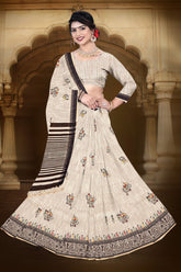 Elegant Cotton Saree with Floral Embroidery and Striped Border