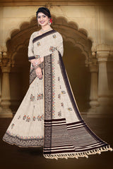 Elegant Cotton Saree with Floral Embroidery and Striped Border