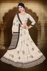 Elegant Cotton Saree with Floral Embroidery and Striped Border