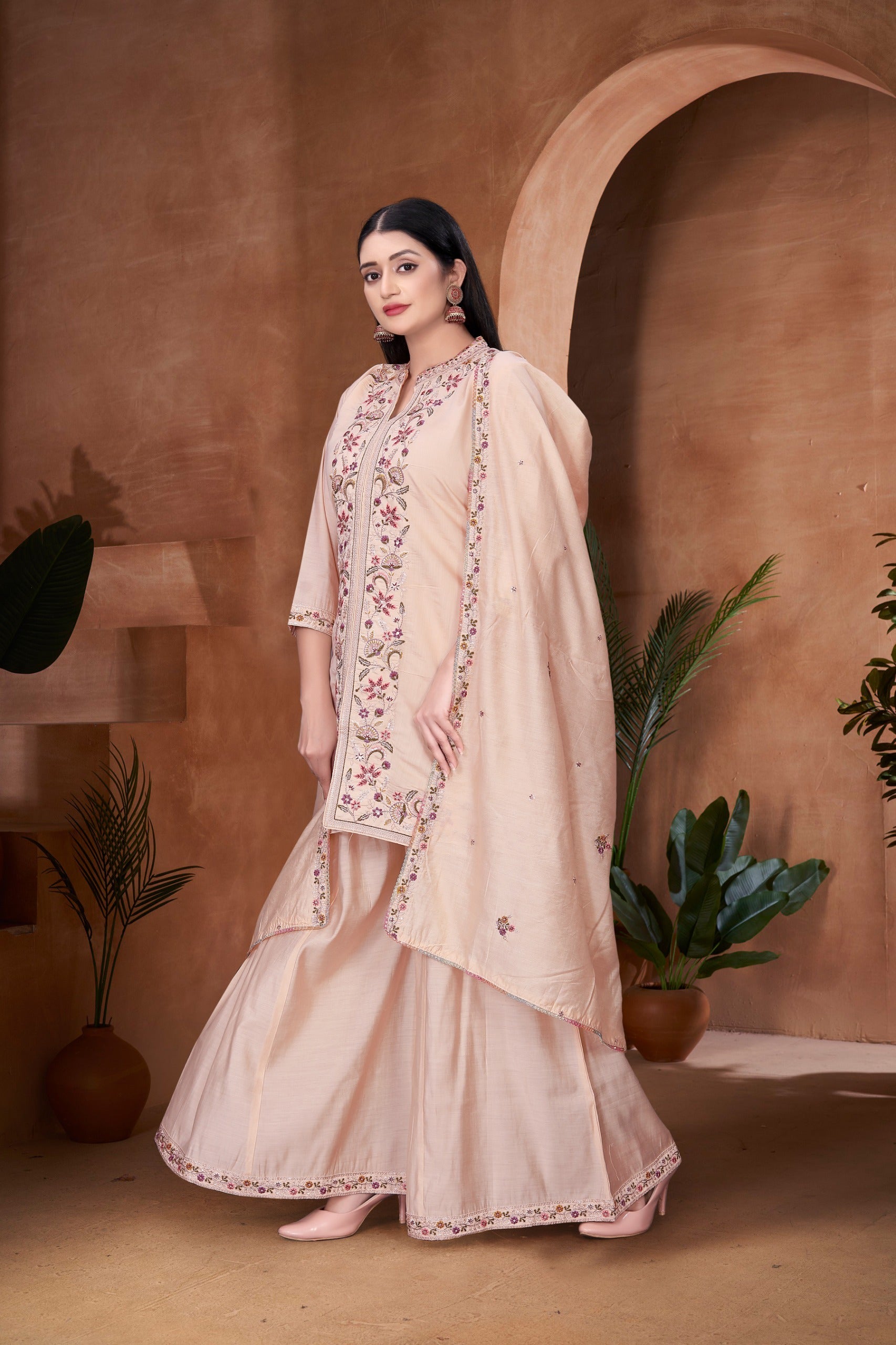 Peach Blossom Embroidered Cotton Dress Combo