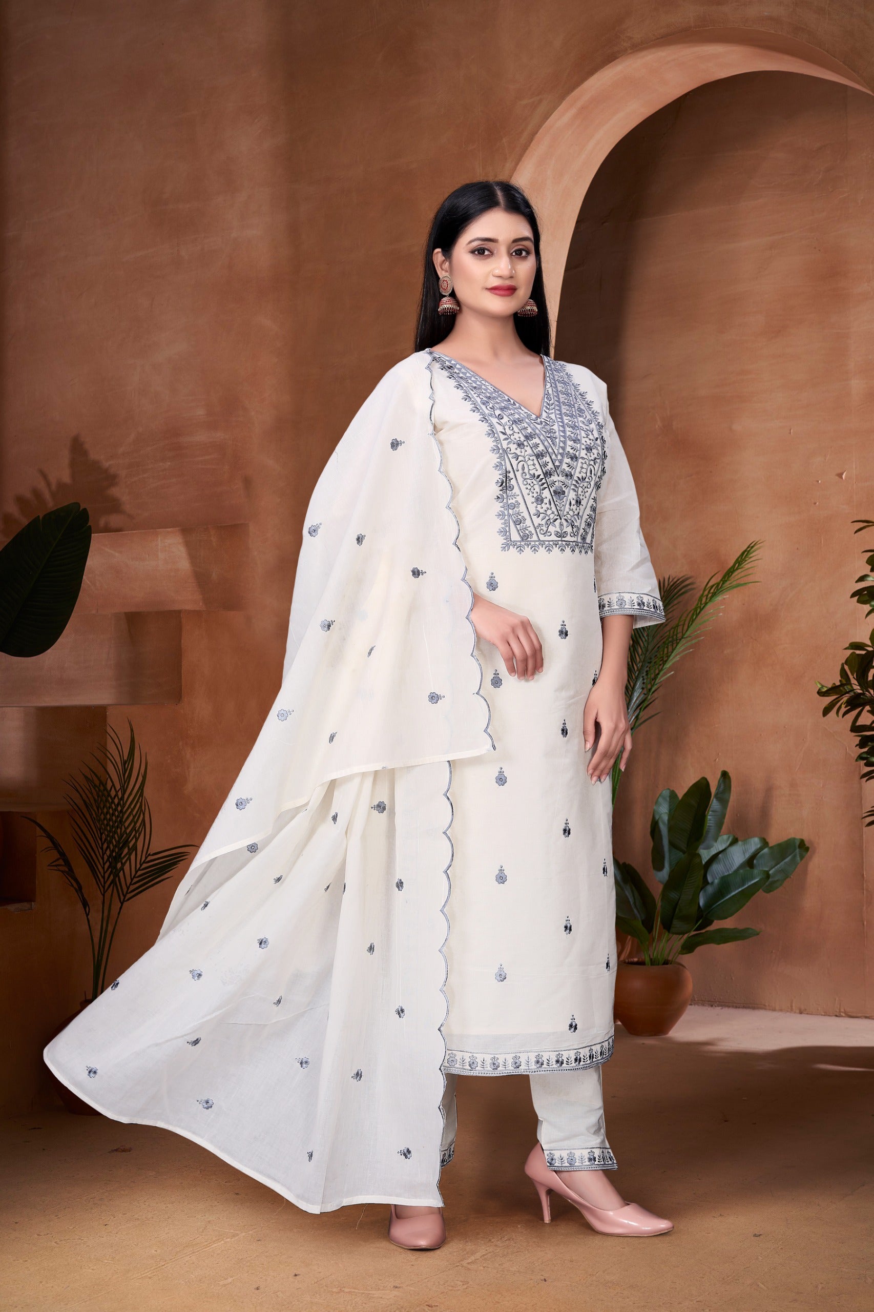 White Blossom Embroidered Cotton Dress Combo
