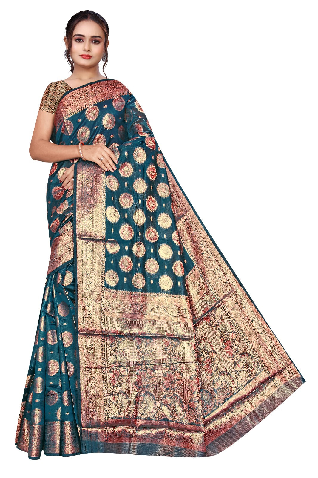 Opulent Organza Silk Saree in Teal with Gold Zari Work