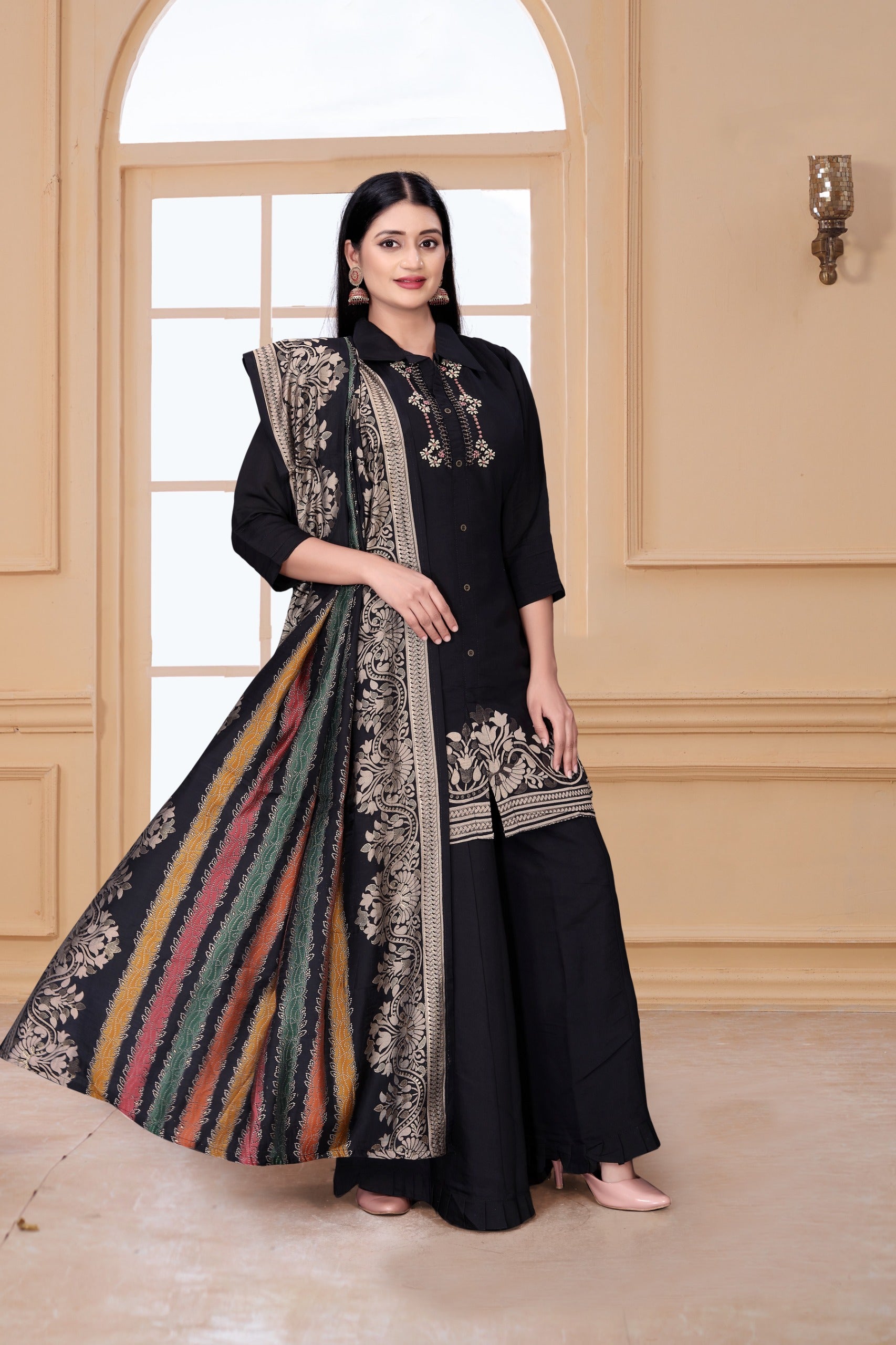 Midnight Elegance Embroidered Cotton Dress Combo